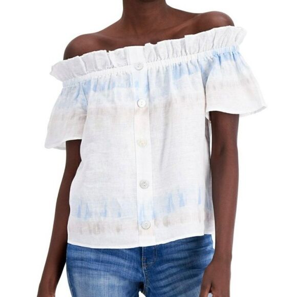 INC International Concepts Off The Shoulder Top 100% Linen Pink White Large - Picture 9 of 10